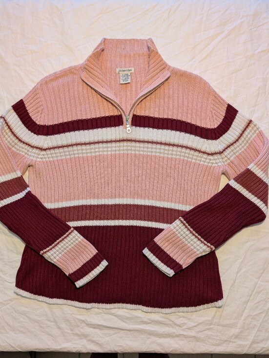 St. John's Bay Sweaters - St. John's Bay Ribbed Striped Quarter-Zip Sweater in Pink, Burgundy, and Cream